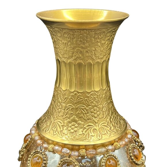 Vintage Handcrafted Brass Floral Etched Neck Ornate Amber Crackle Glass Vase - Picture 2 of 13